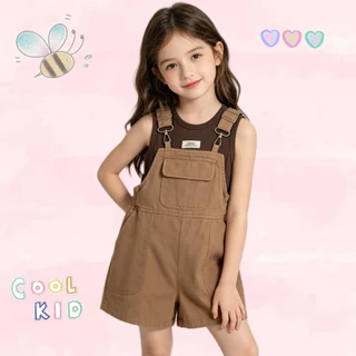 BB345 กางเกงขาสั้นสายสะพายเด็กผู้หญิง ผ้าสบายๆ เซตเสื้อกล้ามลายเรียบ ชุดไปเที่ยว