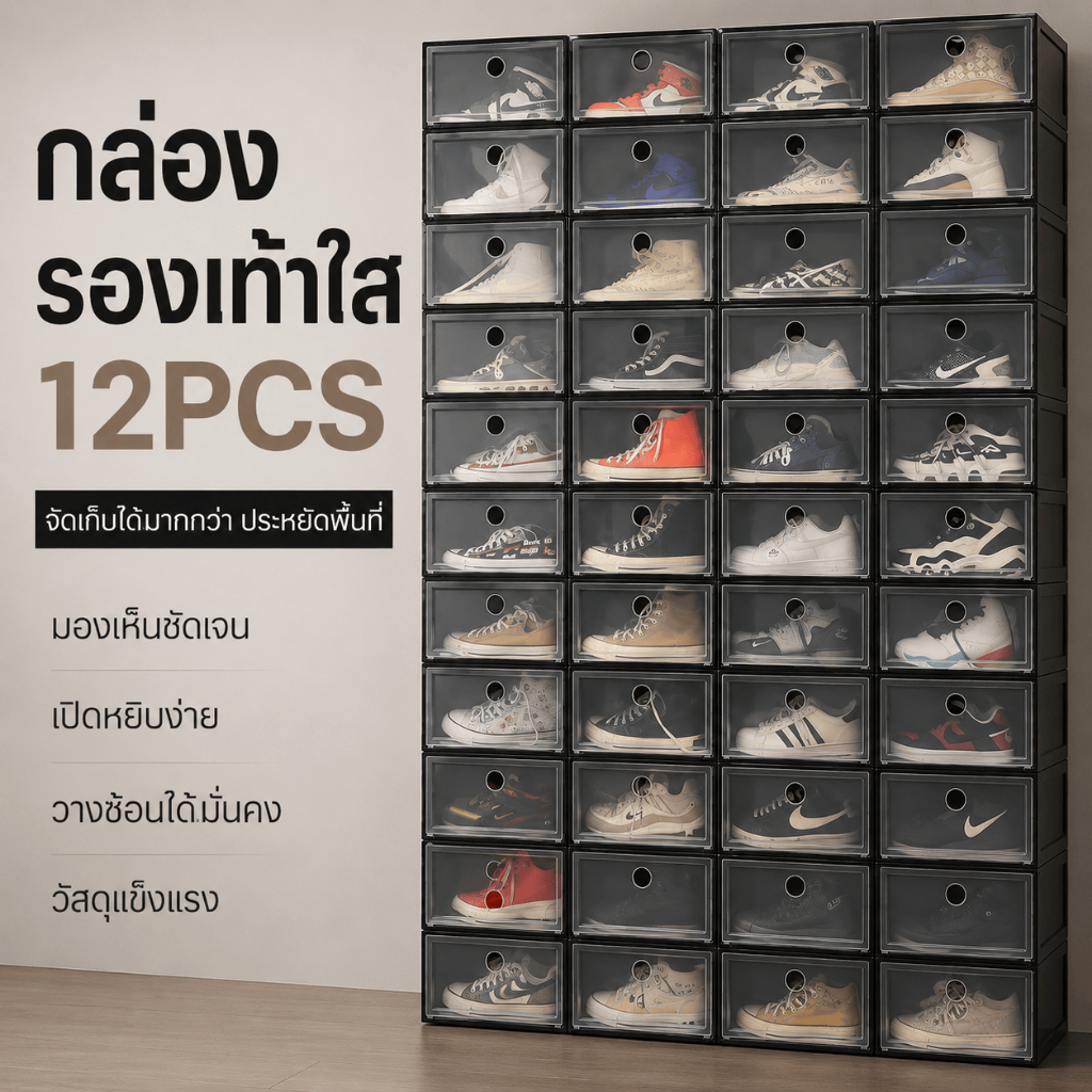 กล่องรองเท้า กล่องใส่รองเท้าฝาหน้าใส พลาสติกแข็ง วางซ้อนกันได้ กันฝุ่น ประหยัดพื้นที่ เปิดหยิบง่าย