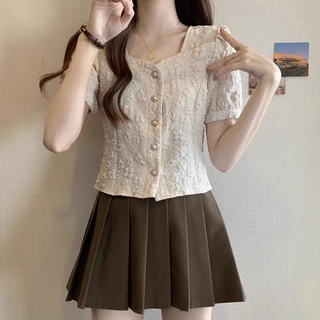 เสื้อเชิ้ตผู้หญิงคอเหลี่ยม แขนตุ๊กตาน่ารัก เสื้อเบลาส์ผ้าชีฟองกระดุมหน้า แฟชั่นเกาหลีใส่ทำงาน ไปคาเฟ่มินิมอล