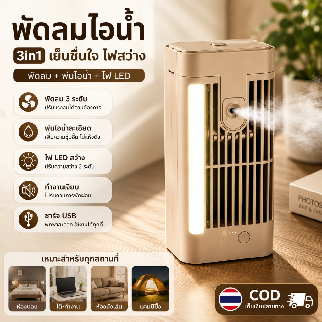 [ขายดี] พัดลมไอเย็นตั้งโต๊ะ พัดลมสเปรย์ สเปรย์เย็น แรงลมสามระดับ แอร์พกพา พัดลมมินิ USB เย็นเร็ว 10000mAh
