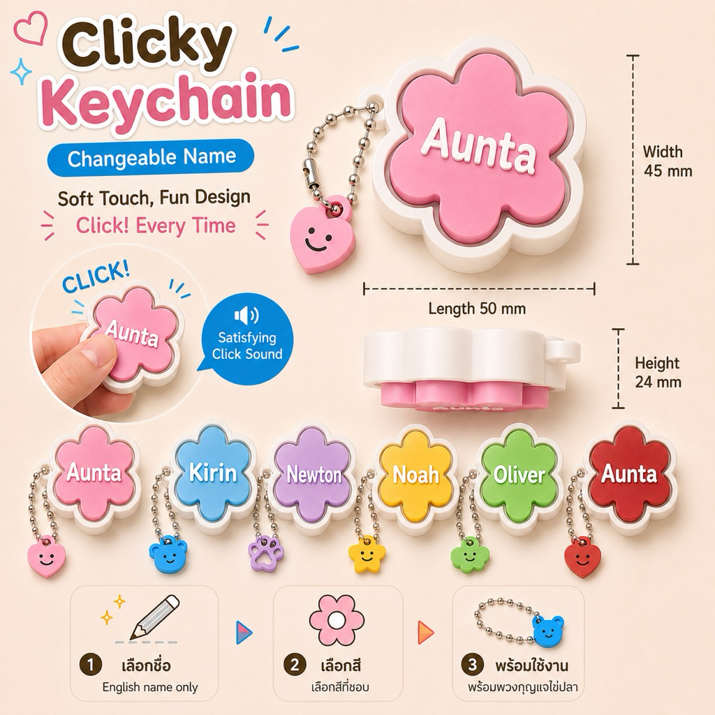 พวงกุญแจชื่อ 3D Clicky Keychain 📍ตัดรอบ2ทุ่มส่งวันถัดไป พวงกุญแจกดมีเสียงคลิก สั่งทำชื่อได้ พร้อมพวงกุญแจไข่ปลา