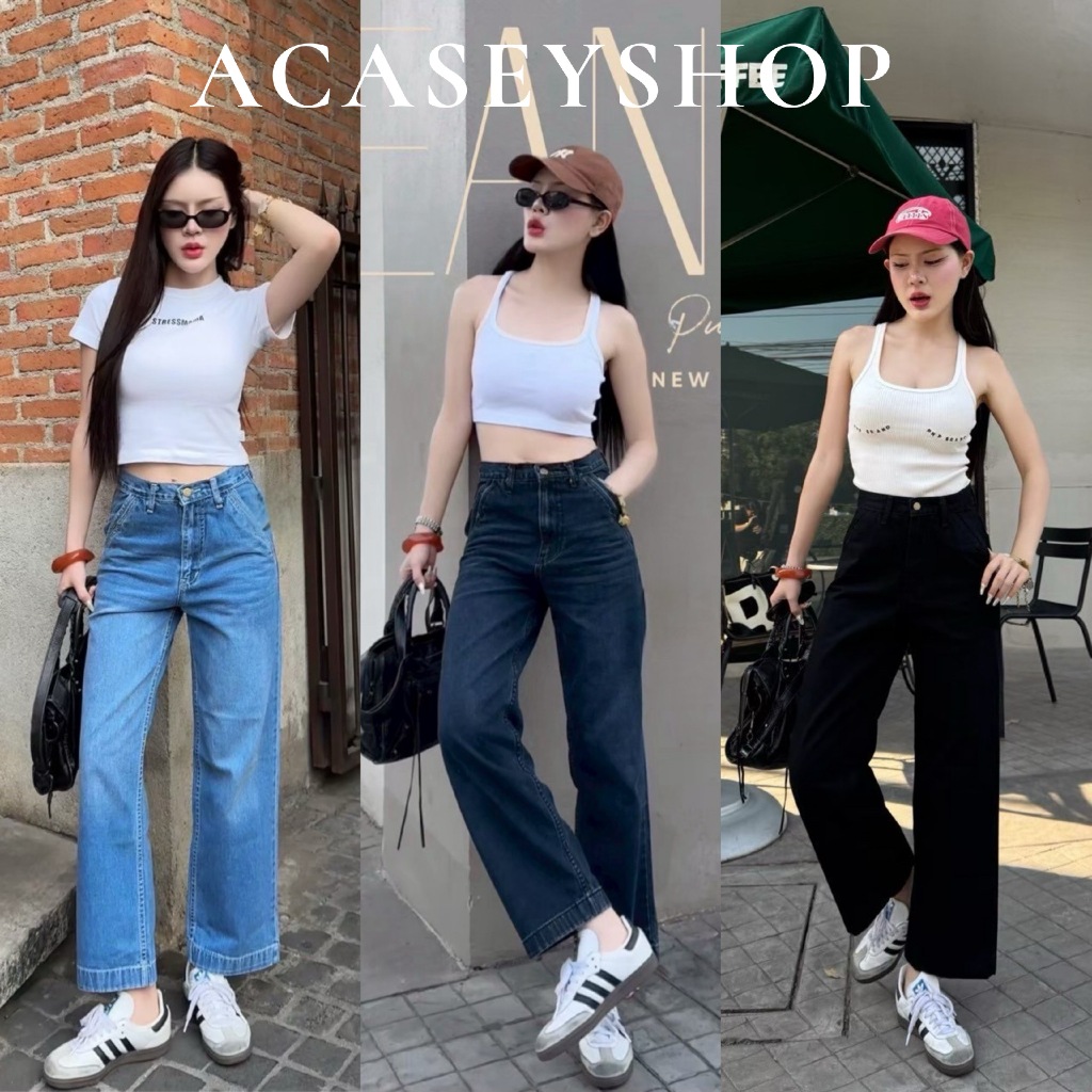 Acasey กางเกงยีนส์ผู้หญิง ขายาว กระบอกกลาง ปลายเย็บใหญ่ แต่งปากกระเป๋า ผ้าไม่ยืด ไซส์ S - 5XL