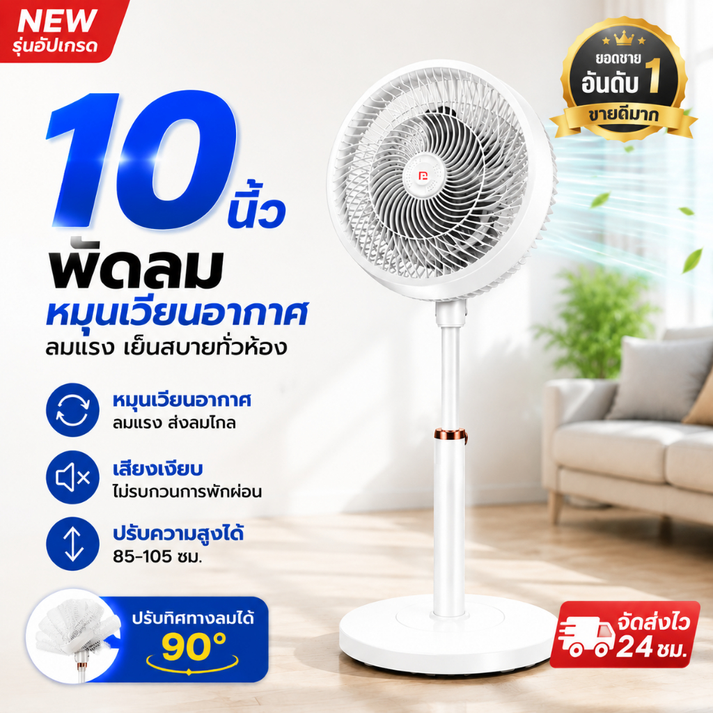 พัดลมหมุนเวียนอากาศ 10 นิ้ว Air Circulator ลมแรง ปรับความสูงได้ ส่ายอัตโนมัติ 3 ระดับ รับประกัน 3 ปี