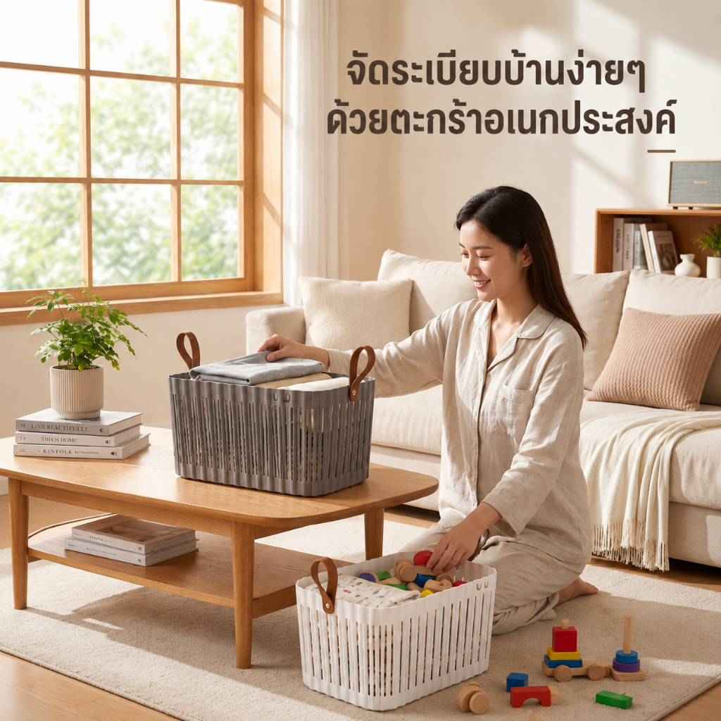 ตะกร้าใส่ของ ตะกร้าจัดเก็บอเนกประสงค์ ระบายอากาศได้ แข็งแรงทนทาน มือจับหนัง การจัดเก็บของในบ้าน/การตั้งแคมป์กลางแจ้ง