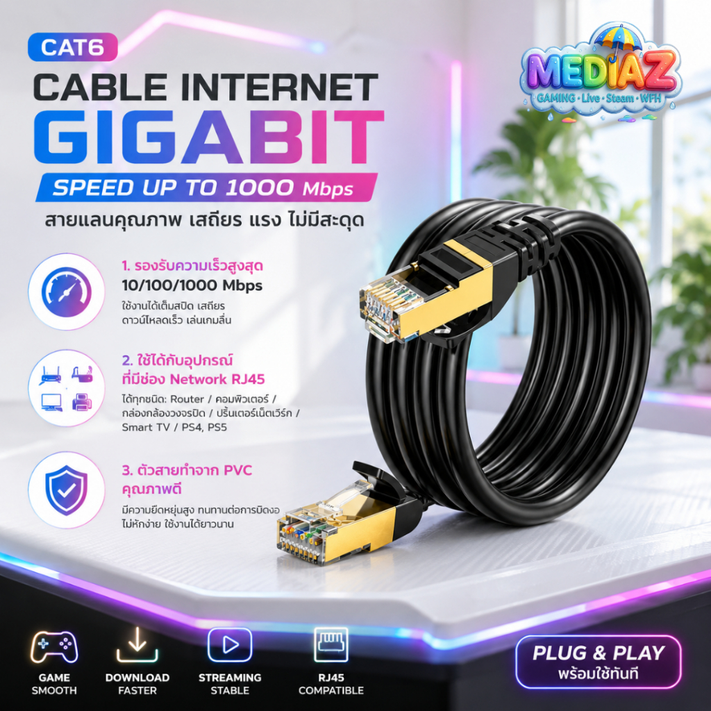 Cat6 Lan 3 5 10 15 20 30 40 50 เมตร สีดำ สายแลน พร้อมใช้ cable internet Gigabit 1000 MediaZ