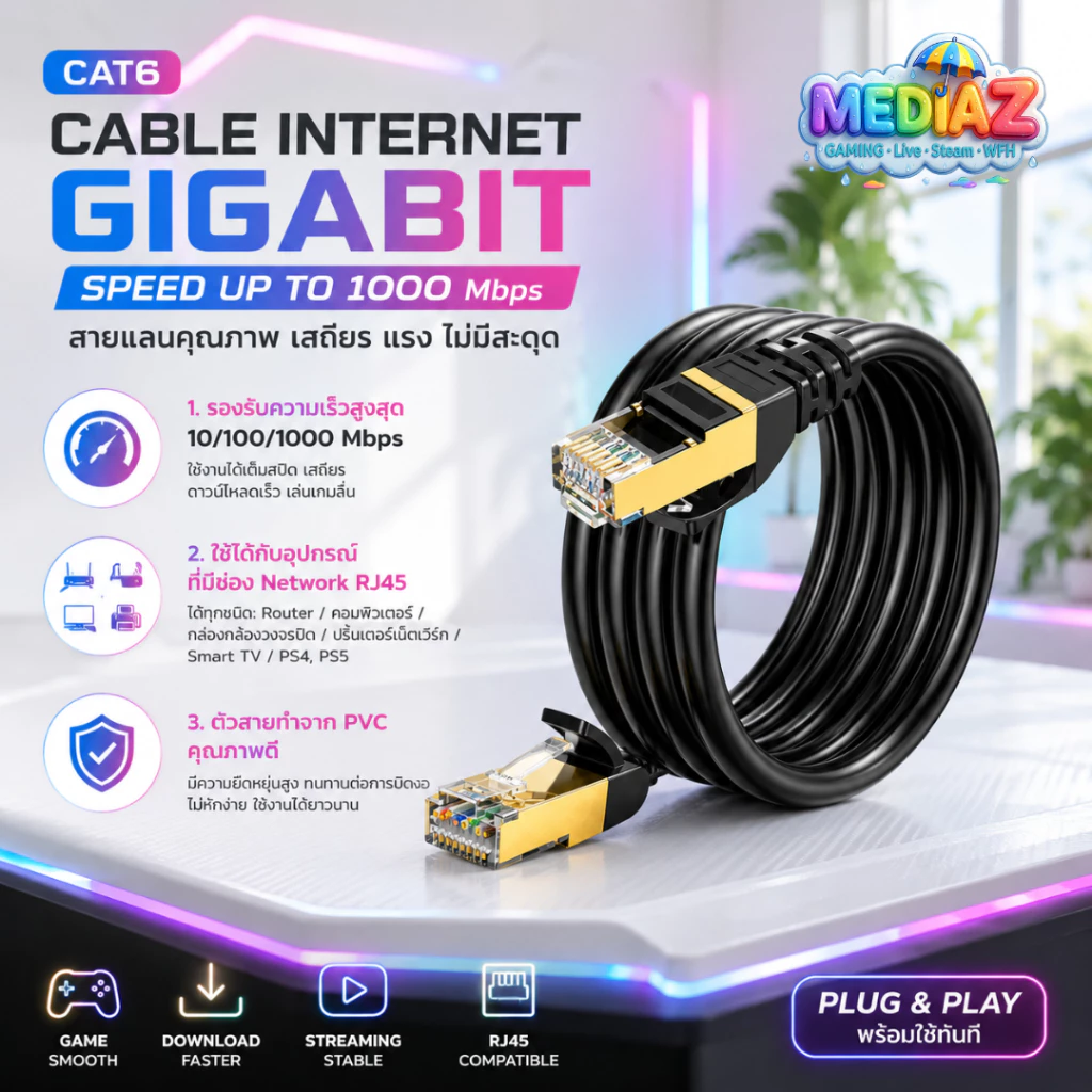ส่งทันที Cat6 Lan 3 5 10 15 20 30 40 50 เมตร สีดำ สายแลน พร้อมใช้ cable internet Gigabit 1000 MediaZ