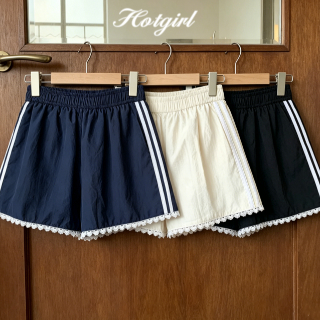 Hotgirl พร้อมส่ง กางเกงขาสั้นเอวสูงผู้หญิงแบบลำลอง ดีไซน์ขอบลูกไม้ ผ้าน้ําหนักเบา ใส่ออกกำลังกายได้