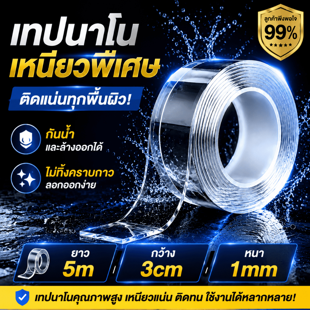 【ถูกที่สุด】เทปกาว 2 หน้านาโน โปร่งใส อเนกประสงค์ เทปรุ่นนาโน กันน้ำ กาวสองหน้าแบบใส
