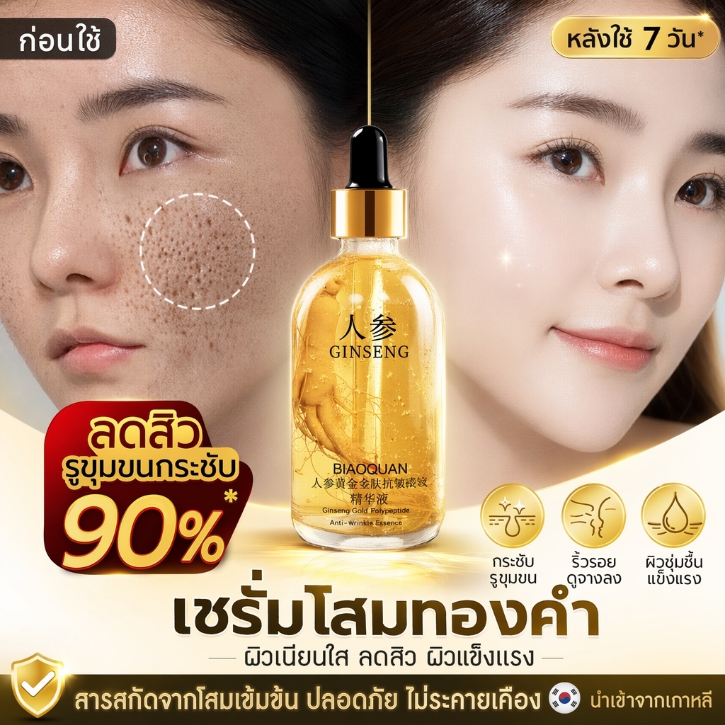 โสมทองเซรั่มบำรุงผิวหน้าใส สารสกัดรากโสม กรดไฮลูโรนิกลดริ้วรอยปรับสีผิว