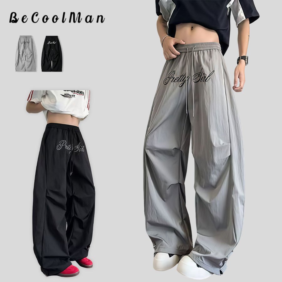 💥BecoolMan💥แบบอเมริกัน กางเกงเวิร์คแวร์ เอวยางยืด ขากว้าง ผ้าร่ม ลายปักตัวอักษร การออกแบบพับ ใส่ได้ทั้งชายและหญิง เทรนด์