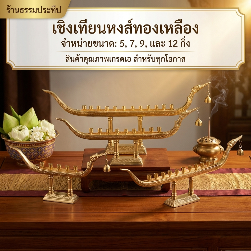 เชิงเทียนเรือหงส์ ใส่เทียน 5/7/9/12ช่อ ทองเหลืองแท้ | ที่จุดเทียน ของตกแต่งบ้าน วัด ใช้พิธีสำคัญ