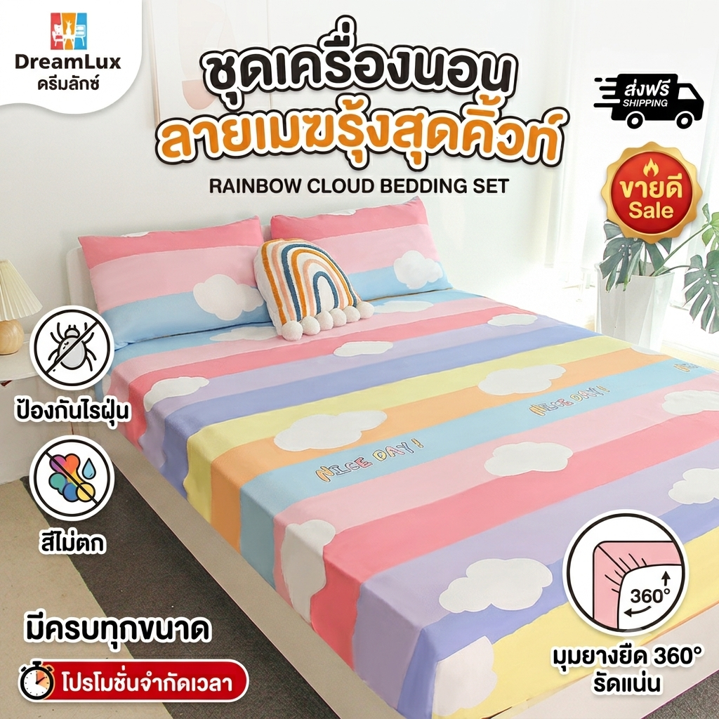 ชุดเครื่องนอนลายรุ้งสีสันสวยงาม/ไม่หลุดสีไม่มีปัญหากับการใช้งานเตียงลูกฟูก/เตียงหลายรุ่น