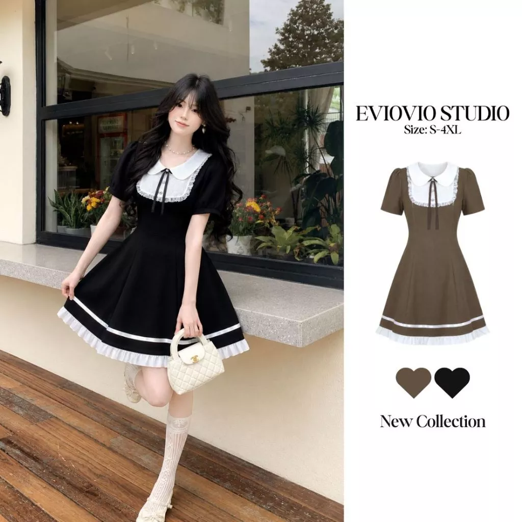 S-4XL【EVIOVIO】🎊เดรสปกขาวลูกไม้ สไตล์คุณหนูเกาหลี ซิปหลัง พรางหุ่น เดรสใส่เที่ยวคาเฟ่ เจ้าหญิงออกงาน เดรสสาวอวบ พร้อมส่ง🌼