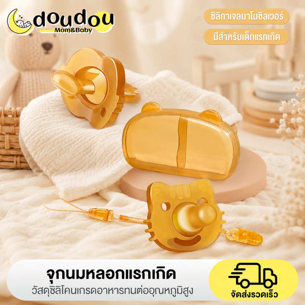 doudou จุกนมหลอกเหมาะสำหรับเด็กอายุ 0-2 ปี จุกหลอกซิลิโคนทั้งตัว มีจำหน่ายทั้งกลางวันและกลางคืน