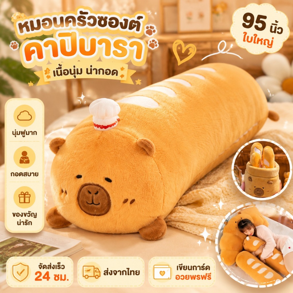 พร้อมส่ง หมอนครัวซองต์ คาปิบารา 95นิ้ว ใบใหญ่เนื้อนุ่มมาก หมอนกอด หมอนอิง อ้วนน่ากอด