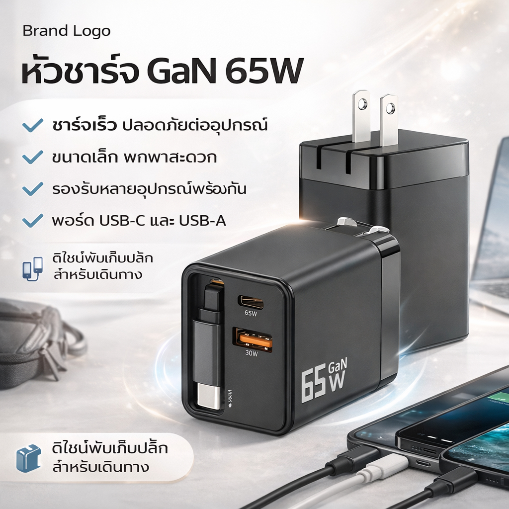 หัวชาร์จ 65W GaN USB A+C ชาร์จเร็ว พร้อมสายชาร์จพกพา