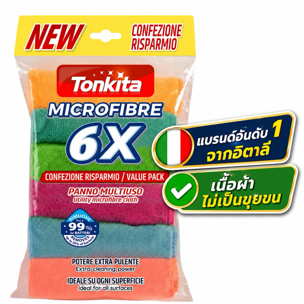ผ้าไมโครไฟเบอร์ทำความสะอาดอเนกประสงค์ Tonkita Utility Microfibre Cloth (6ชิ้น)