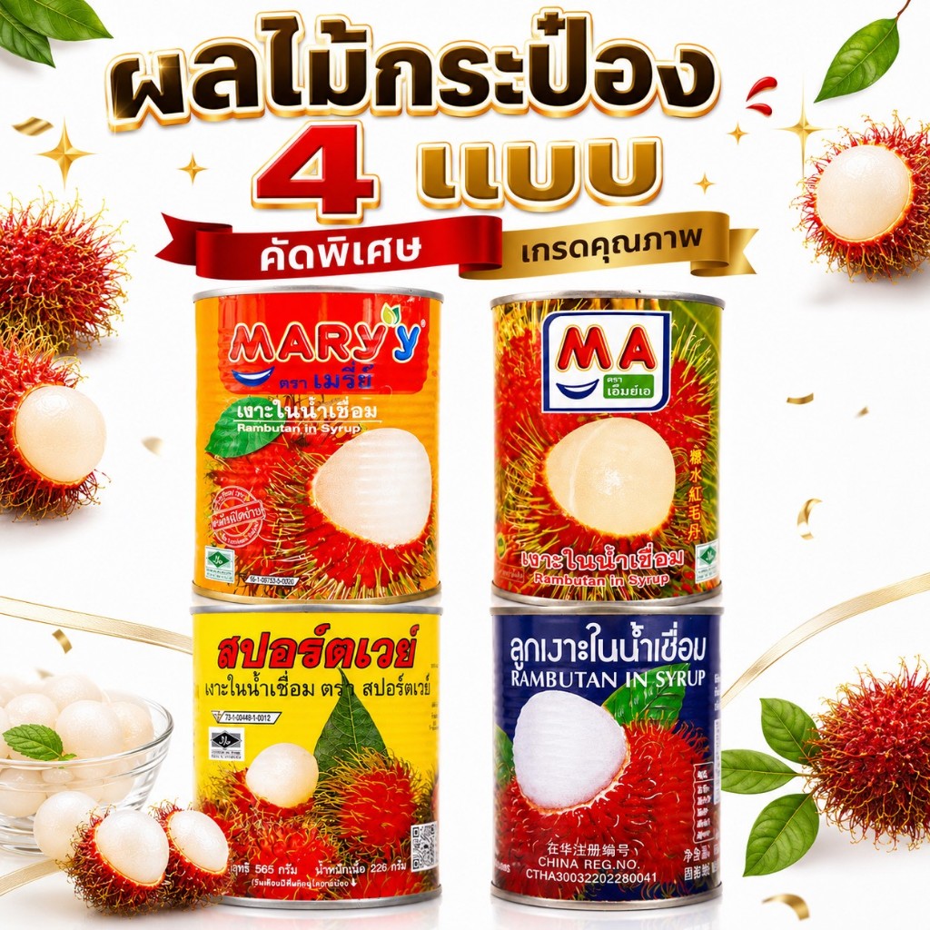 [ชุดคัดพิเศษ]  4 กระป๋อง เงาะกระป๋องตรา MA จิงโจ้  เมรี่ย์ สปอร์ตเวย์ ลูกใหญ่ คัดพิเศษ