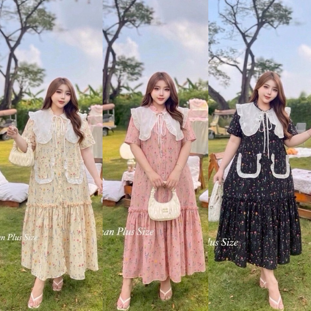 (NK) เดรสคอปก ลายดอกไม้ สไตล์เกาหลี น่ารักมาก พรางหุ่นได้ดี (อก40-60“) เสื้อผ้าสาวอวบอ้วน พลัสไซส์ ไซส์ใหญ่