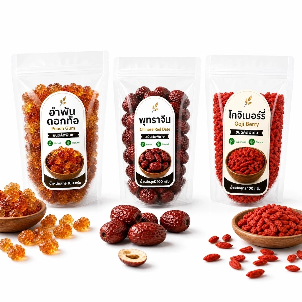 เซ็ตสมุนไพรจีน 3 อย่าง อำพันดอกท้อ พุทราจีน โกจิเบอร์รี่ | Peach Gum Red Date Goji Berry | คัดสรรเกรดพรีเมียม ถุงละ 100g
