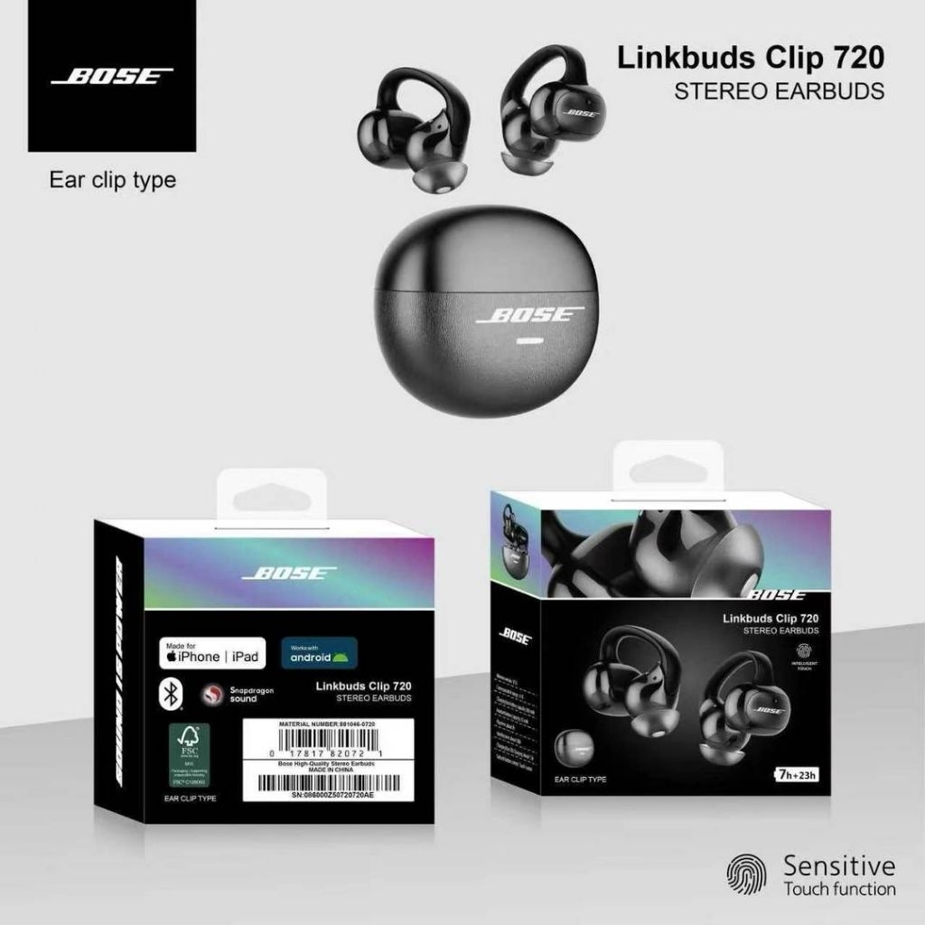 Bose Linkbuds Clip 720 ซึ่งเป็นหูฟังแบบคล้องหูพร้อมระบบสัมผัสกล่องระบุว่ารองรับการใช้งานร่วมกับ iPhone