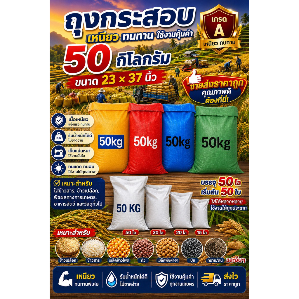 กระสอบสีล้วน50kgขนาด23x37นิ้ว (แพ็ค100ใบ)