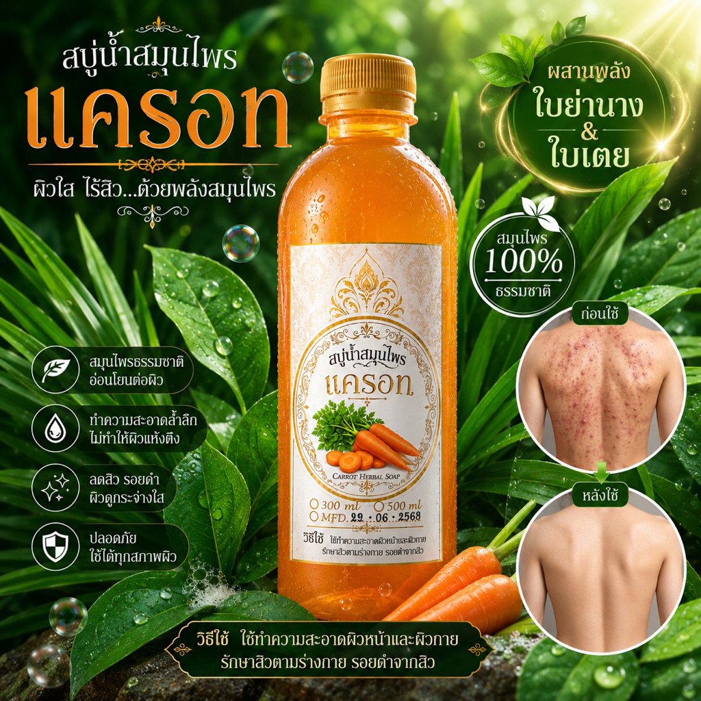 สบู่น้ำสมุนไพร อินทร์ธารา สบู่แครอท สบู่อาบน้ำ 500ml (ชนิดเติม) / ยอดขายมากกว่า 6,000+ ขวด ขายมานานกว่า 7 ปี