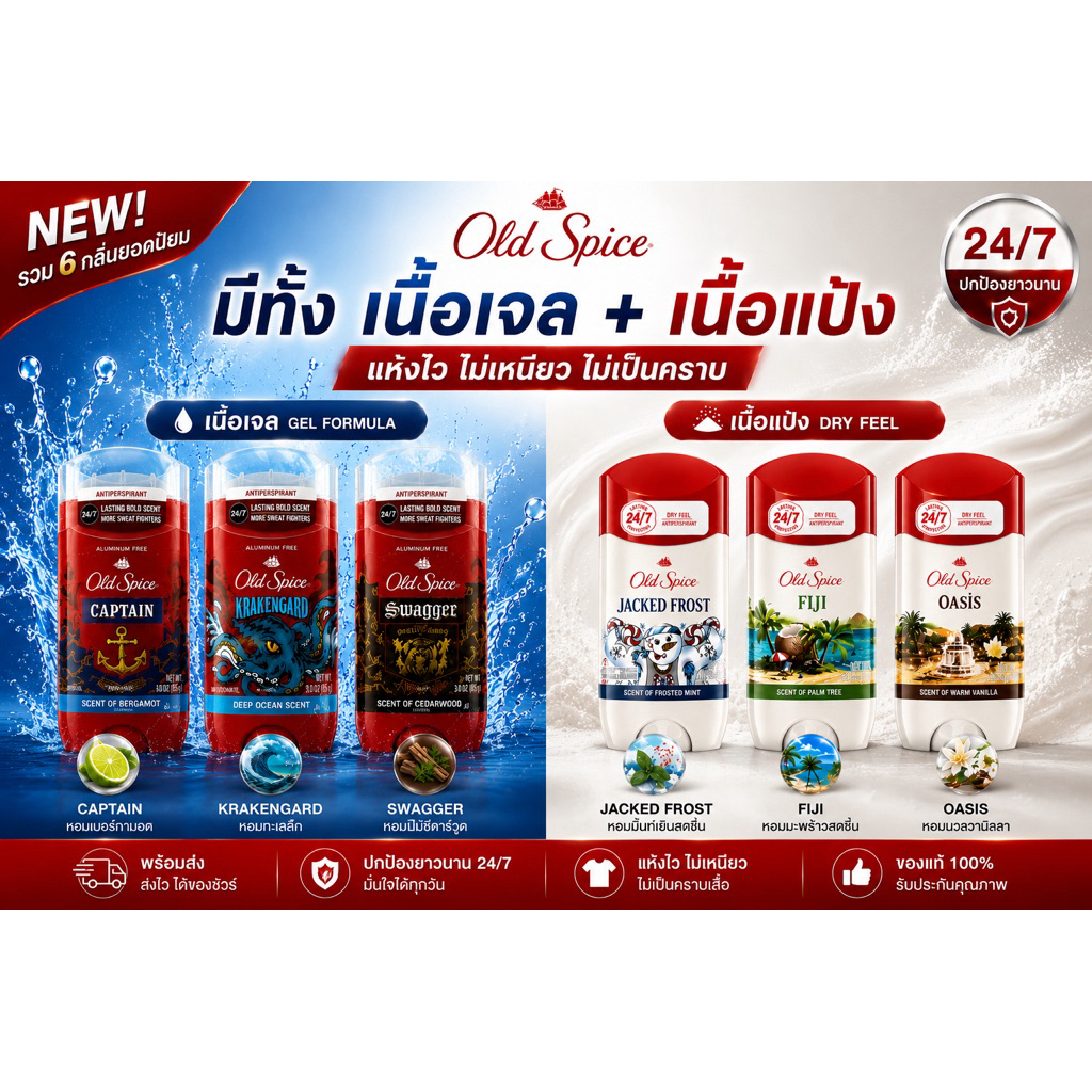 Old Spice โรลออน ระงับกลิ่นกาย มีทั้งเนื้อเจลและเนื้อแป้ง 12 กลิ่น Aluminum Free พร้อมส่ง