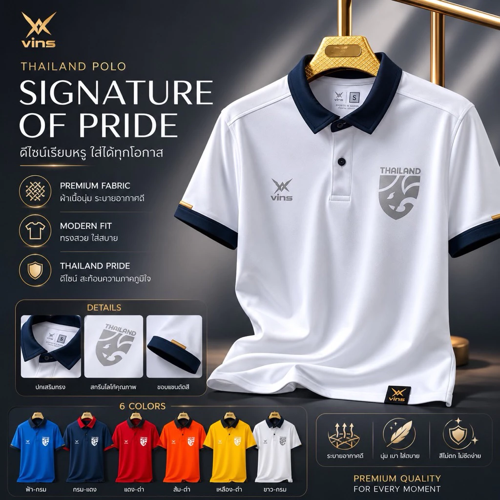 เสื้อโปโลคอปก Vins 221Premium พร้อมใหม่เงิน เนื้อผ้านุ่มใส่สบาย มีหลายสีให้เลือก ไซส์ M-XXL