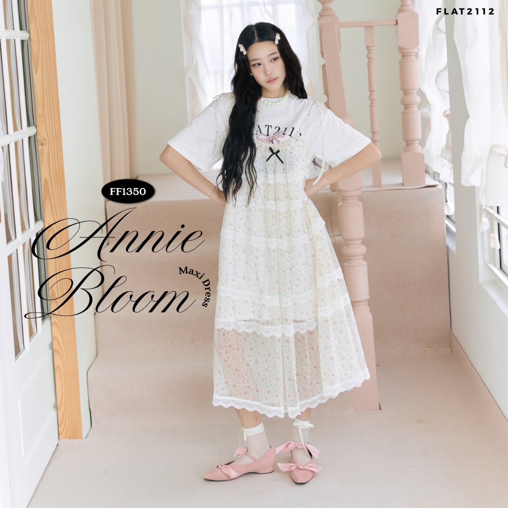 FLAT2112 : ANNIE BLOOM MAXI DRESS เดรสยาวเลเยอร์เสื้อยืด เดรสผ้าลูกไม้ระบายชั้น เสื้อยืดต่อเดรสสายเดี่ยว (FF1350)