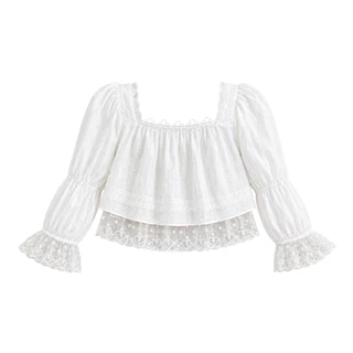 Emily top : KN.Clothes (ผ้าเบาบาง) เสื้อครอปแขนยาว คอเหลี่ยม แต่งลูกไม้หัวใจ ผ้าลูกไม้ 2 เลเยอร์