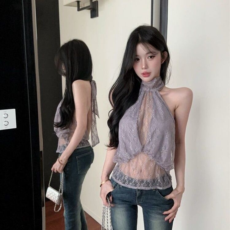 [Sheing office]🌟พร้อมส่ง🌟เสื้อสายคล้องคอผู้หญิง ดีไซน์เก๋ แต่งลูกไม้ เปิดหลังสุดเซ็กซี่