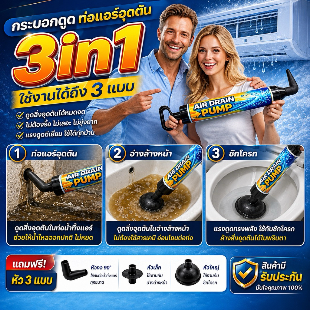 กระบอกดูดแบบ 3in1 ใช้ได้กับท่อน้ำทิ้งแอร์ ขนาด3/4/6หุน อ่างล้างหน้า และชักโครก [120-5]