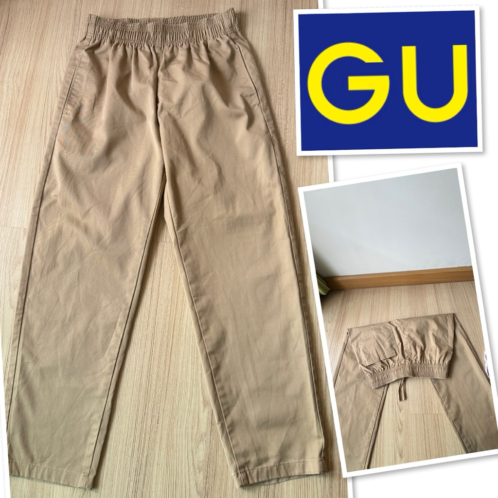 G-009#gu💕 กางเกงขายาวสีครีมเอวยางยืดเอว⛔️ มือสองสภาพสวยแบรนด์เนมของแท้ 25 ถึง 30 นิ้วไซร์S