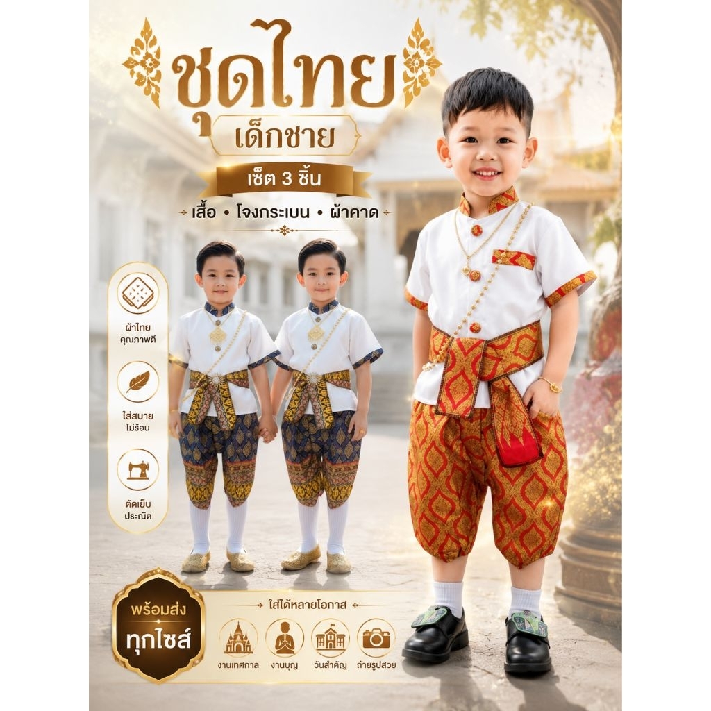 ชุดไทยเด็กชาย ชุดไทยเสื้อคอจีน ชุดเด็ก💚พร้อมส่ง(KW)