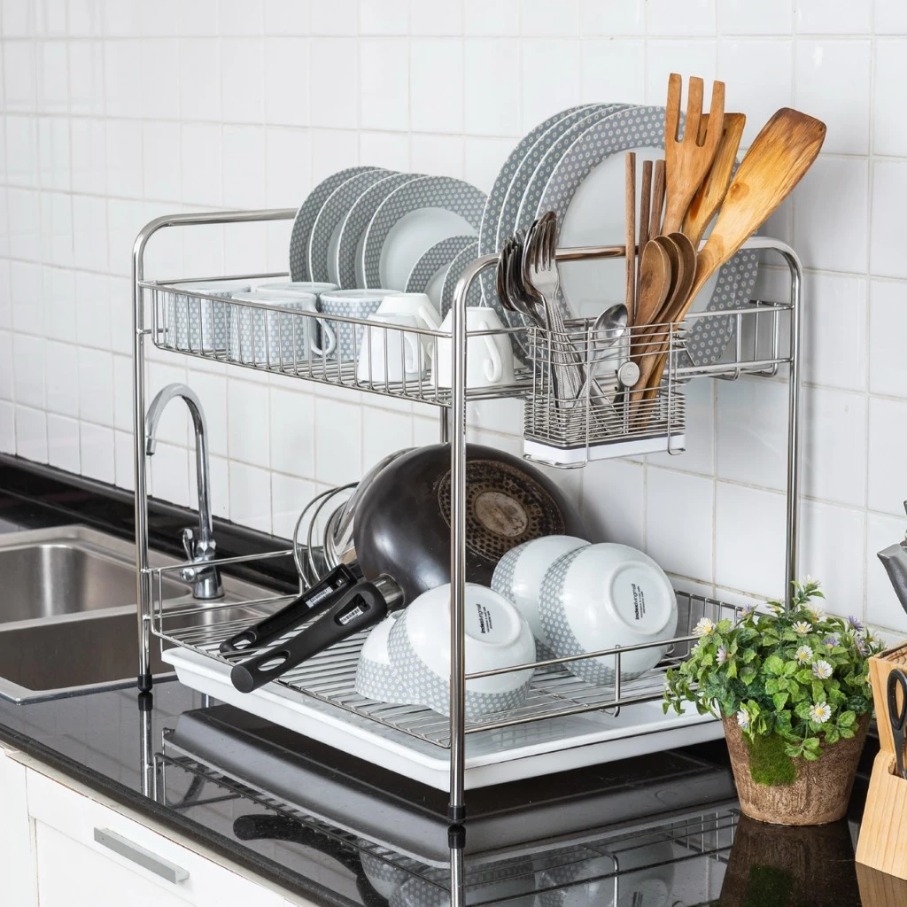KOWAHOMEWARE S007 ชั้่นคว่ำจานสเตนเลส2ชั้นใหญ่มีถาดรองน้ำในชุดรวมที่ใส่ช้อนสเตนเลสพร้อมถาดรองน้ำStainless Steel SuS 304