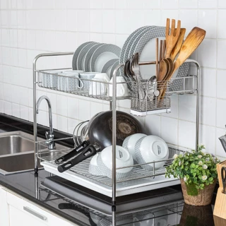 KOWAHOMEWARE S007 ชั้่นคว่ำจานสเตนเลส2ชั้นใหญ่มีถาดรองน้ำในชุดรวมที่ใส่ช้อนสเตนเลสพร้อมถาดรองน้ำStainless Steel SuS 304