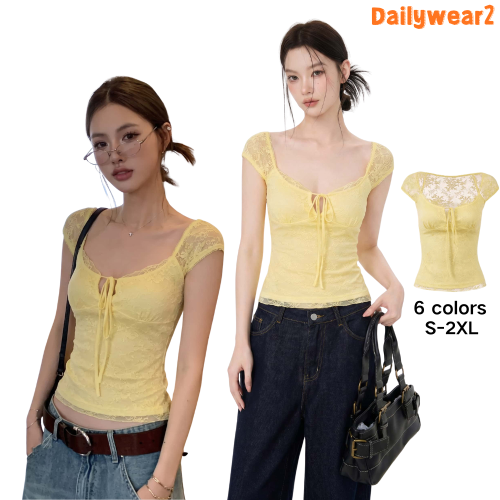 Dailywear เสื้อครอปสั้นผู้หญิงฤดูร้อน ลายลูกไม้สไตล์ฝรั่งเศส คอสี่เหลี่ยมแขนสั้น โบว์เชือกผูก ปรับรูปร่างให้ผอมสวย