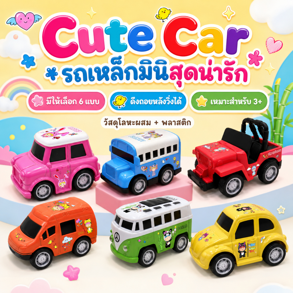 รถของเล่นมินิ Cute Car รถเหล็กผสมพลาสติก ดึงถอยหลังวิ่งได้ ลายการ์ตูนน่ารัก มีให้เลือก 6 แบบ สำหรับเด็ก 3+