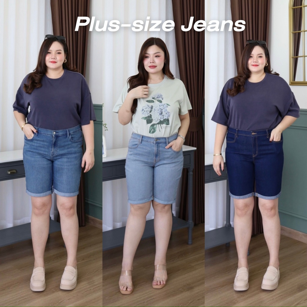 กางเกงยีนส์ขา 3 ส่วน ยีนส์สาวอวบ ผ้ายีนส์ยืด เนื้อผ้ายืดเยอะ ใส่สบาย ยีนส์ขาสั้นพลัสไซส์ ขาสั้นไซส์ใหญ่ T250-0132