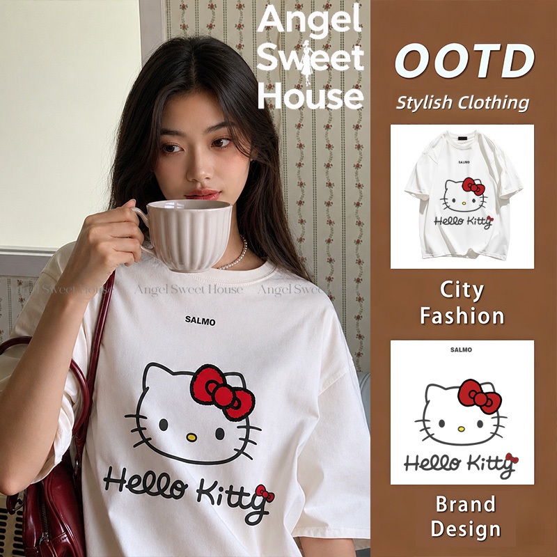 (COD) เสื้อยืดผู้หญิง Oversize ลายแมวน่ารักโบว์แดง เสื้อแฟชั่นเกาหลี คอกลม แขนสั้น ใส่สบาย สไตล์มินิมอล Y2K