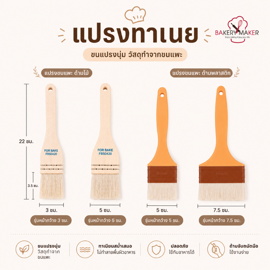 แปรงทาเนย แปรงด้ามไม้ ขนแพะ / แปรงด้ามพลาสติก ทาซอส ทาขนมปัง