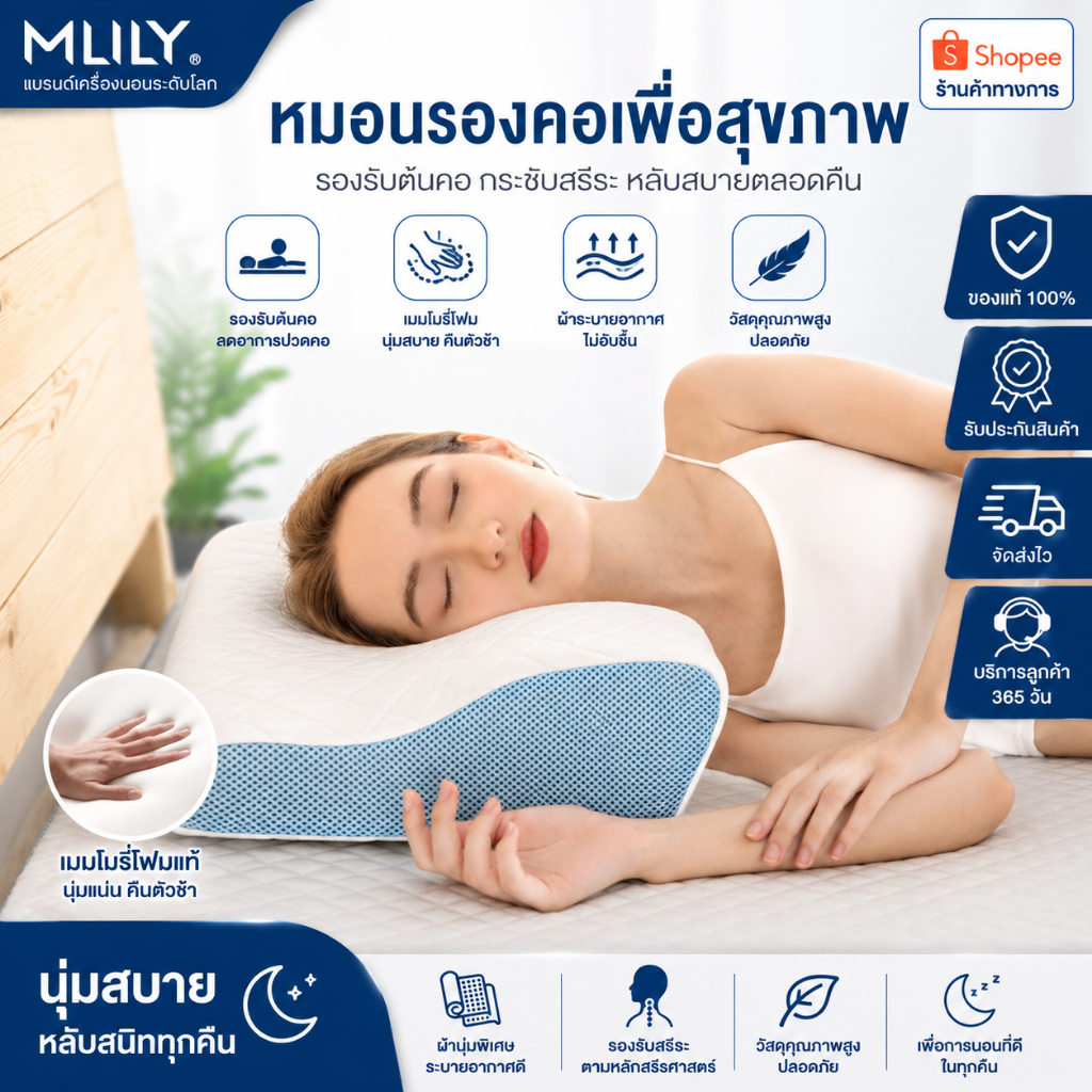 หมอนเมมโมรี่โฟม MLILY รุ่นเตี้ย ทรงคลื่น-ทรงผีเสื้อ ลดนอนกรน รองรับสรีระ ลดปวดคอไหล่ ระบายอากาศดี