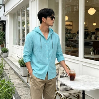 เสื้อเชิ้ตผู้ชาย linen shirt men แขนยาว เสื้อลําลองสีทึบสี ผ้าลินินนุ่ม ทรงหลวม สไตล์เกาหลี เสื้อฮูด ระบายอากาศได้