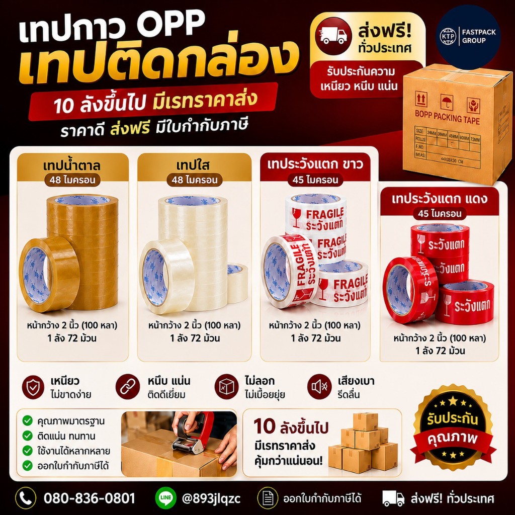 เทประวังแตกยกลัง หนา 48/42ไมครอน ขนาด 2 นิ้ว ยาว 100 หลา 1ลัง จำนวน 72 ม้วน ติดทน สีแดงและสีขาว ใช้งานได้หลากหลาย แบบหนา