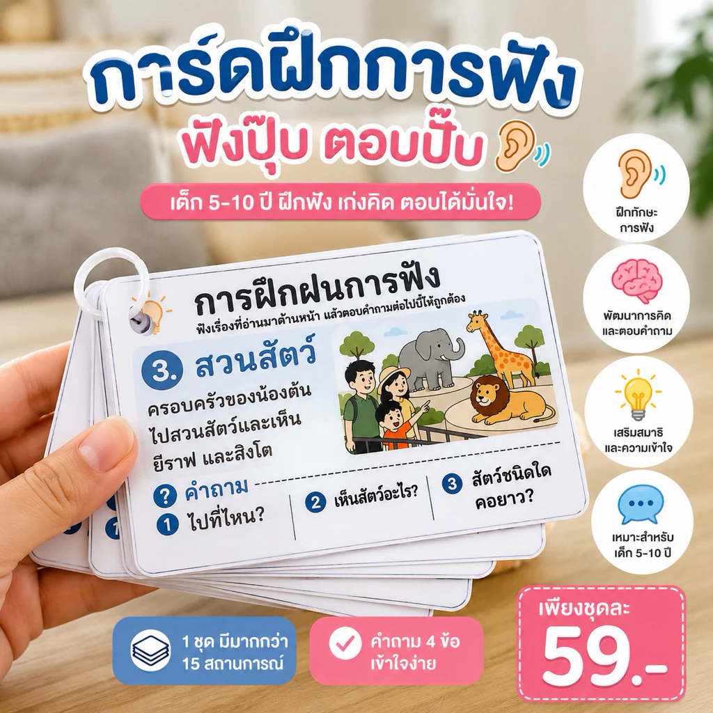 ฟังปุ๊บ ตอบปั๊บ! 15 สถานการณ์ การ์ดฝึกการฟัง สำหรับเด็ก 5–10 ปี