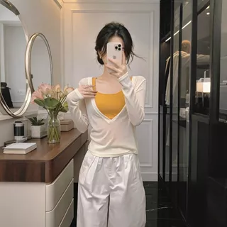 7907/7908 เสื้อแขนยาวสีขาวครีมและเสื้อกล้าม แฟชั่นผู้หญิง ชุดเสื้อไม่ติดกัน สไตล์เกาหลี