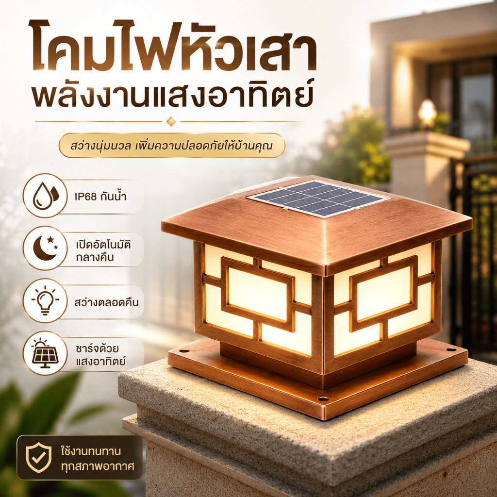 โคมไฟหัวเสาโซล่าเซลล์ ไฟหัวเสา พลังงานแสงอาทิตย์ IP68 กันน้ำ เปิดอัตโนมัติ สว่างทั้งคืน สำหรับรั้วบ้าน สวน ประตู