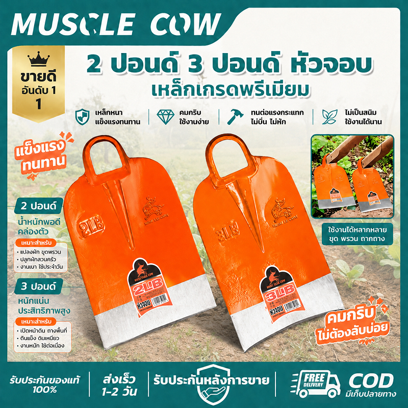 MUSCLE COW หัวจอบ 2-3 ปอนด์ เหล็กเกรดพรีเมียม แข็งแรง ทนทาน คมแหลม สำหรับงานเกษตร ทำสวน