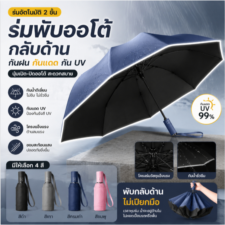 ร่มพับออโต้ กลับด้าน ร่มอัตโนมัติ พับเก็บแบบกลับด้าน ขอบสะท้อนแสง กันฝนและแดด กันUV /HomeUP